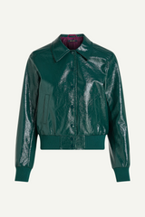 retro-inspirierte Kunstlederjacke in grün mit Innenfutter in fuchsia