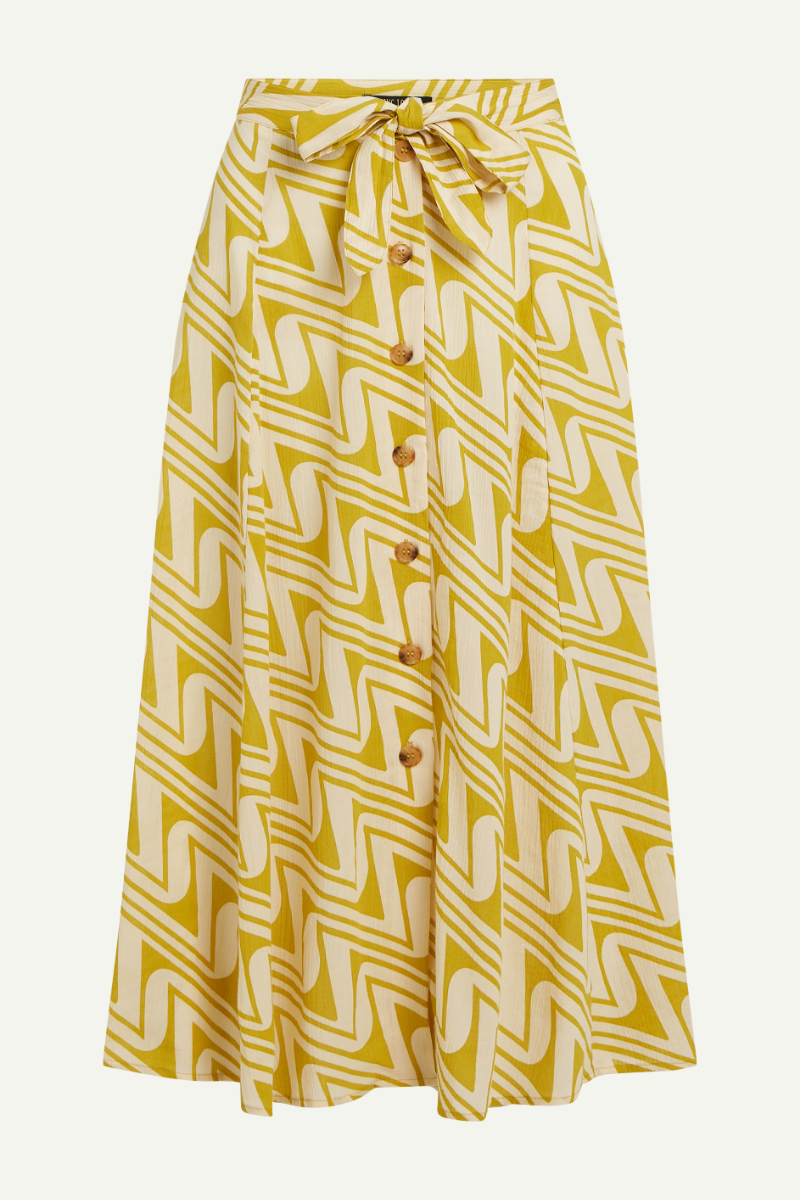 Leichter Sommerrock von King Louie in Gelb mit Bindegürtel und Knopfleiste