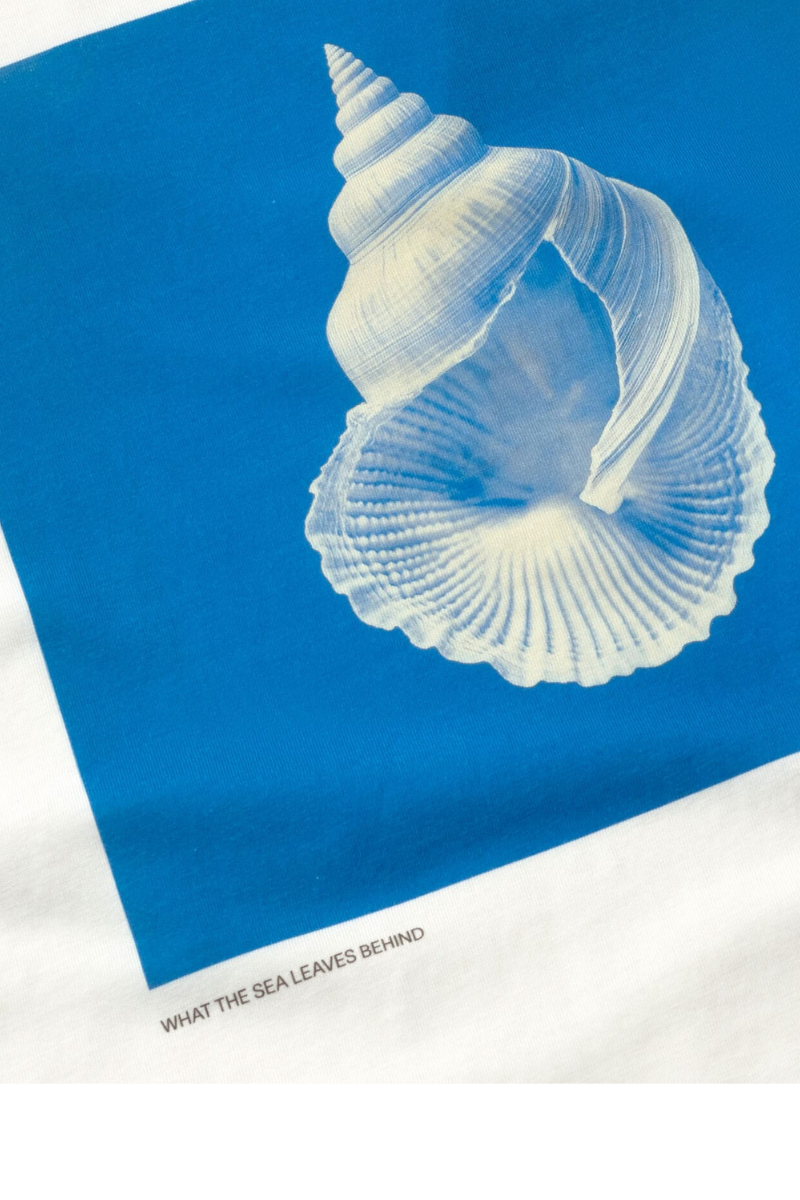 Weisses T-Shirt Sea Treasure von Thinking MU mit Muschelprint auf blauem Quadrat, Bio-Baumwolle, erhältlich bei Youmee.market Bern