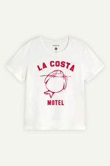 Thinking MU T-Shirt in Weiss mit rotem „La Costa Motel“-Print, aus Bio-Baumwolle, erhältlich bei Youmee.market Bern