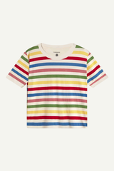 Thinking MU T-Shirt mit buntem Streifenmuster auf hellem Grund, Bio-Baumwolle, erhältlich bei Youmee.market Bern