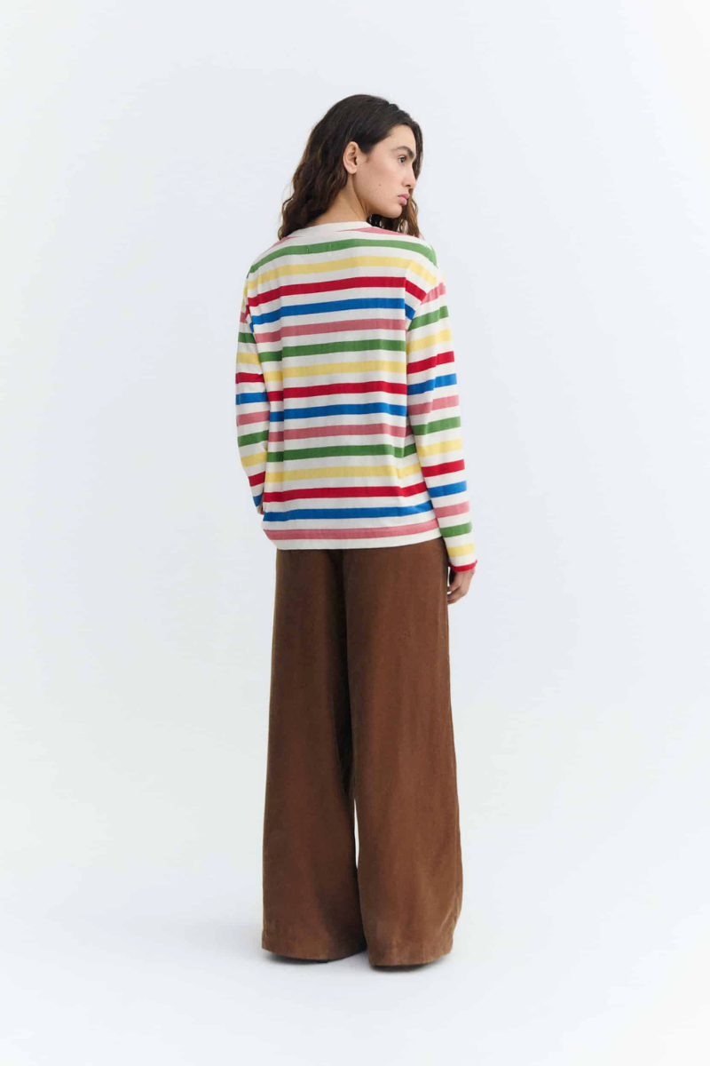Thinking MU Langarmshirt Emily mit bunten Streifen auf naturfarbenem Grund, aus Bio-Baumwolle, erhältlich bei Youmee.market Bern