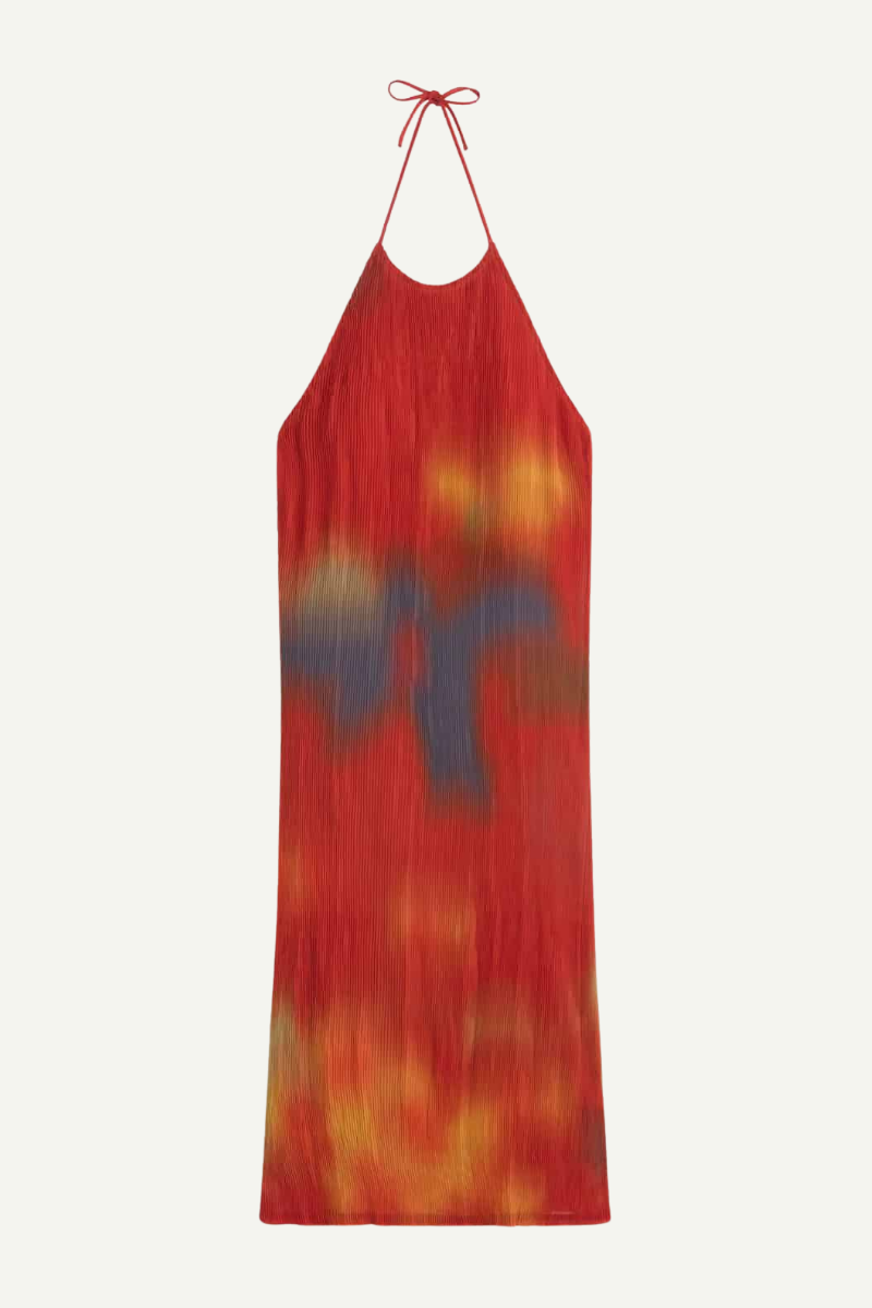 Thinking MU Kleid Miriam mit Neckholder & Plissee, rot-gelber Farbverlauf, recyceltes Material, erhältlich bei Youmee.market Bern