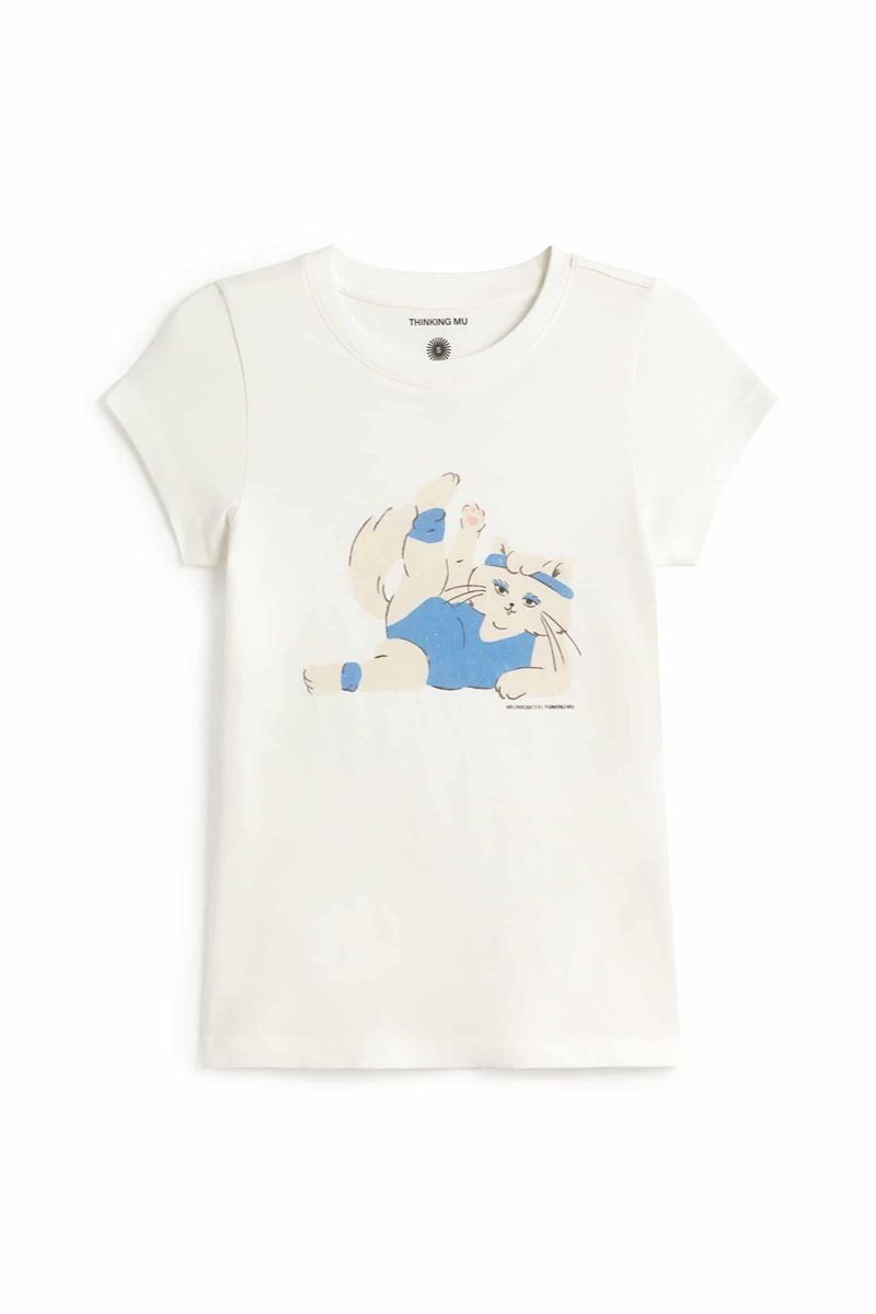 Thinking MU Mirna Meowrobics weisses Damen T-Shirt mit Katzen-Print aus Bio-Baumwolle – Youmee.market Schweiz