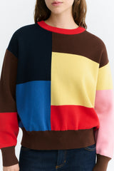 Thinking MU Petra Colors Damen Strickpullover mit Colorblock-Design in Rot Blau Gelb Rosa und Braun