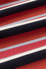 Stoffdetail des Thinking MU Lena Kiki Stripes T-Shirts mit roten schwarzen und weissen Streifen