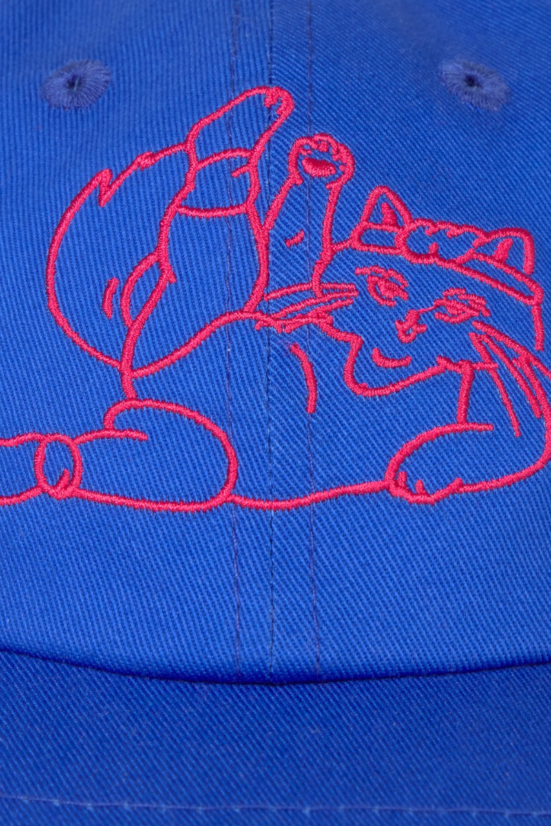 Detail der roten Meowrobics Stickerei auf der blauen Thinking MU Cap