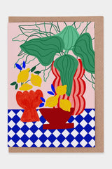 Postkarte mit blauen Kacheln und Zitronen