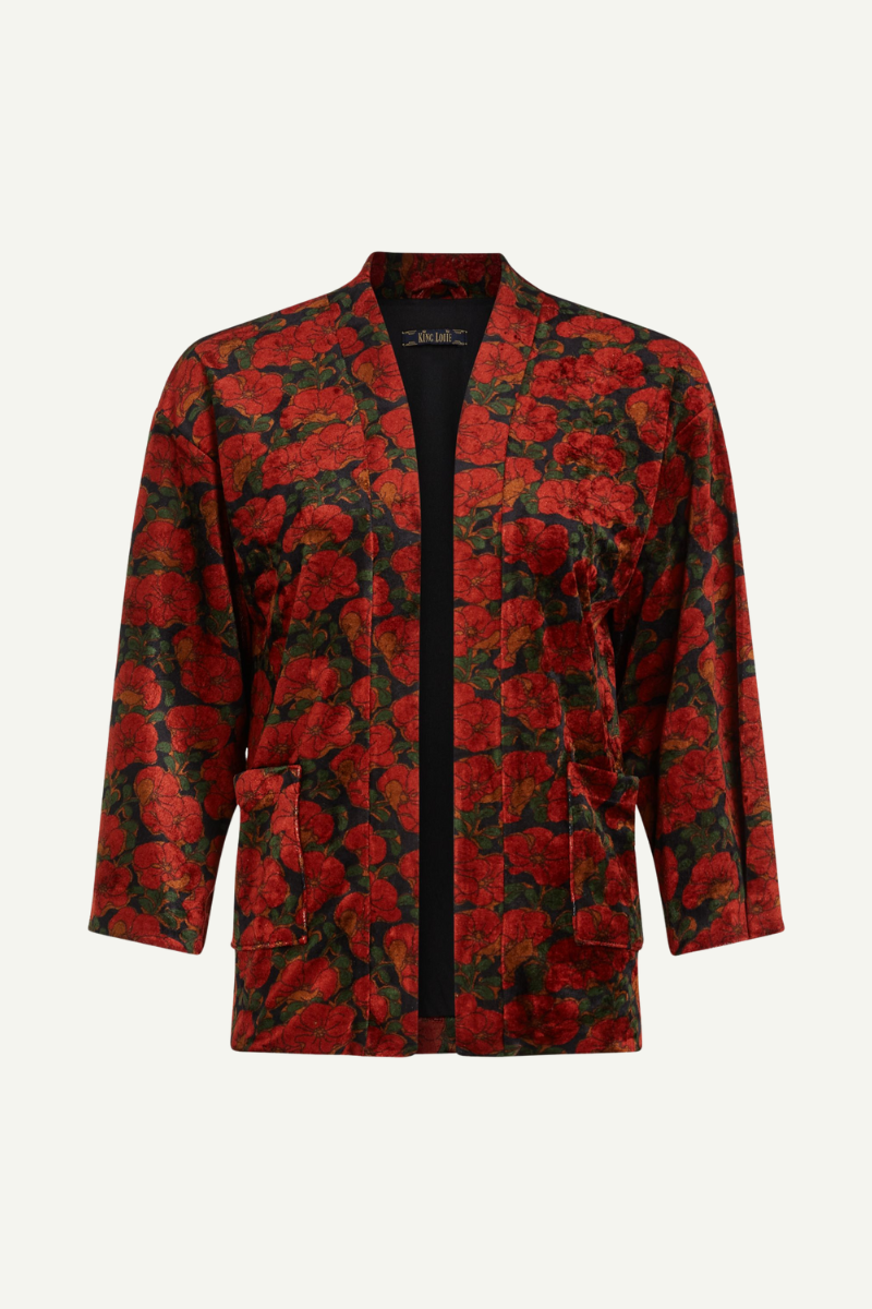 retro-inspirierte Samtjacke mit rot-floralem Muster von King Louie