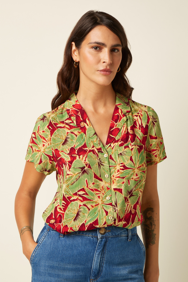 Kurzarm-Bluse mit botanischem Blumen- und Pflanzenprint von King Louie im Youmee.market Bern