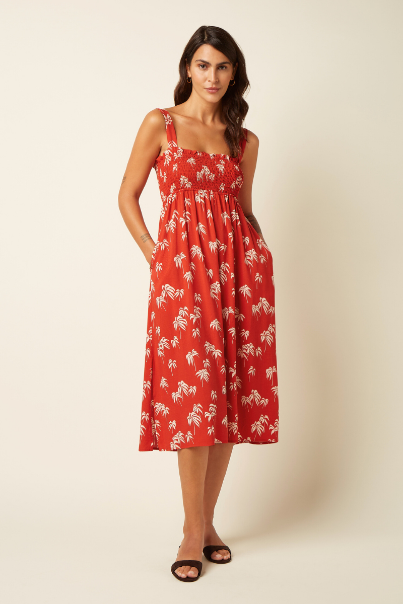 Rotes Sommerkleid mit weissen Palmenmuster von King Louie im Youmee.market Bern