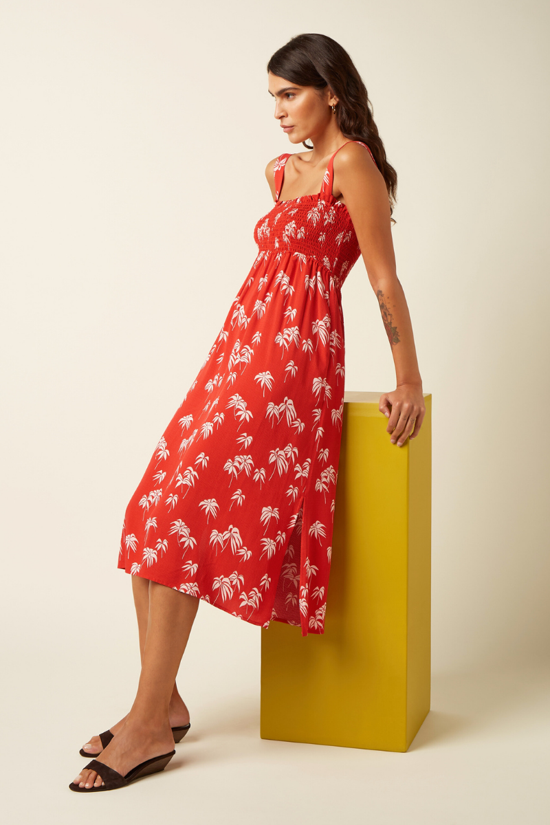 Rotes Sommerkleid mit weissen Palmenmuster von King Louie im Youmee.market Bern