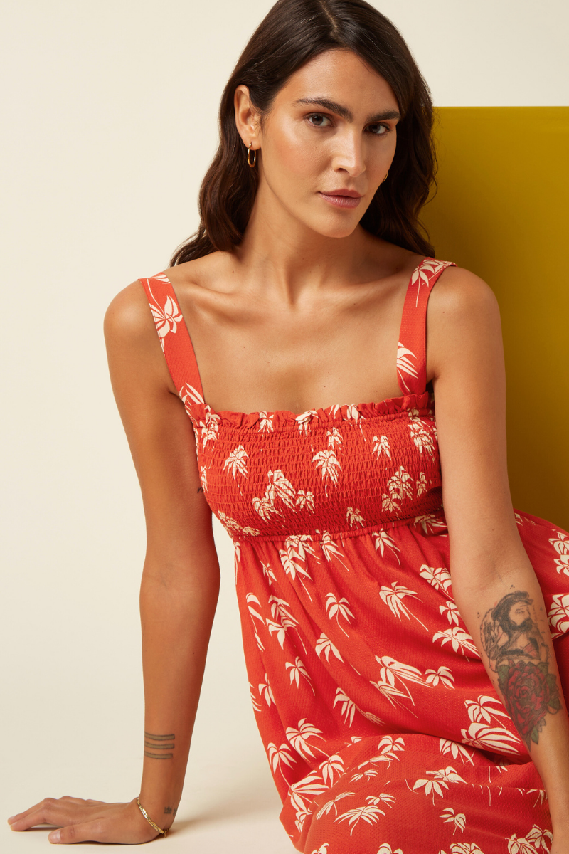Rotes Sommerkleid mit weissen Palmenmuster von King Louie im Youmee.market Bern