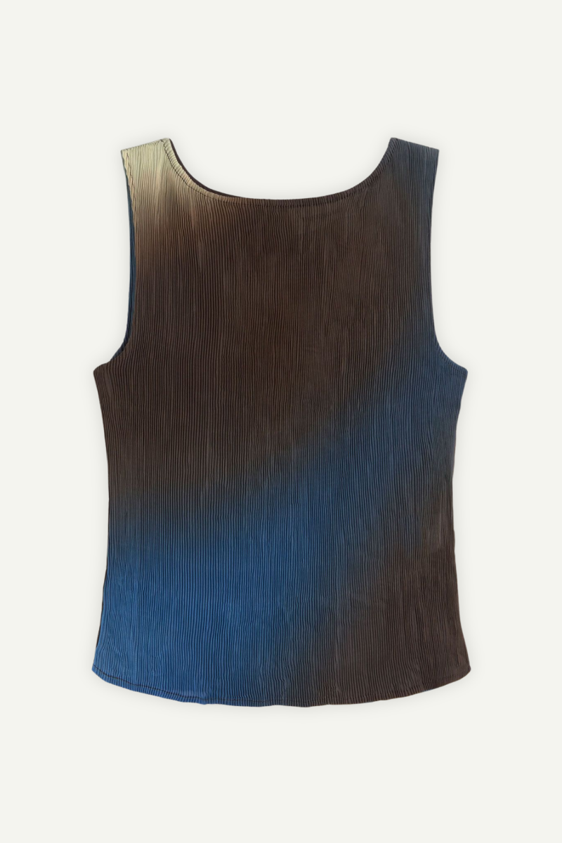 Thinking MU Top Dora aus plissiertem Stoff mit Farbverlauf in Blau-Braun und Rückenausschnitt, recyceltes Material, Youmee.market Bern