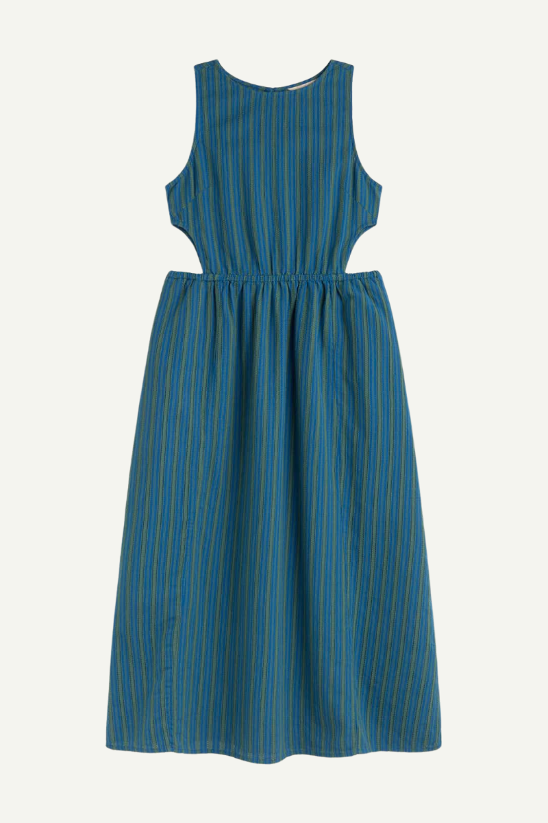 Thinking MU Sommerkleid Kin mit blau-grünem Streifenmuster aus Bio-Baumwolle, erhältlich bei Youmee.market Bern