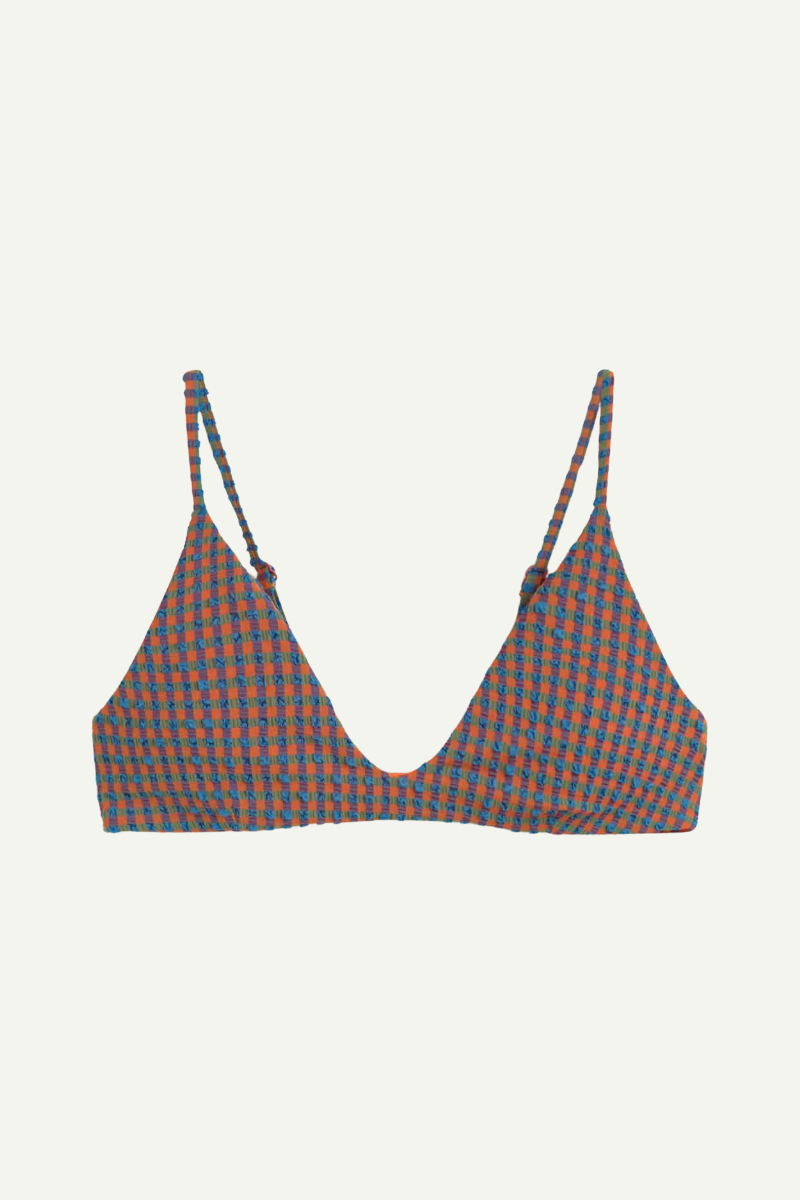 Thinking MU Positano Bikini-Oberteil mit Seersucker-Struktur in Orange und Blau, Triangel-Form, erhältlich bei Youmee.market