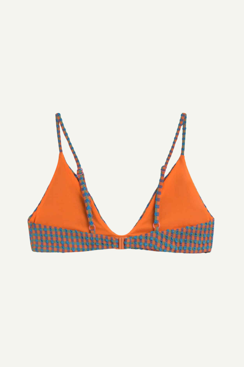 Thinking MU Positano Bikini-Oberteil mit Seersucker-Struktur in Orange und Blau, Triangel-Form, erhältlich bei Youmee.market