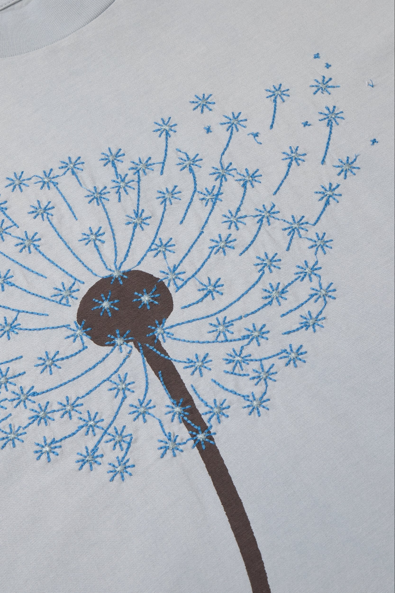 Detail des blauen Dandelion Löwenzahn-Prints auf dem Thinking MU Volta T-Shirt – Youmee.market Schweiz