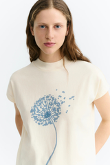 Thinking MU Volta T-Shirt Damen Off-White mit blauem Löwenzahn-Print – Youmee.market Schweiz