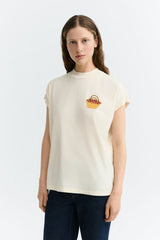 Thinking MU Volta Damen T-Shirt in Ecru aus Bio-Baumwolle mit farbiger Stickerei – Youmee.market Schweiz