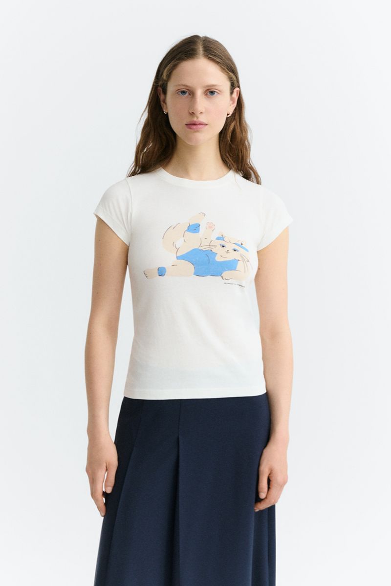 Thinking MU Mirna Meowrobics Damen T-Shirt in Weiss aus Bio-Baumwolle mit Katzen-Print – Youmee.market Schweiz