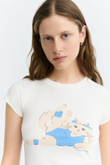 Thinking MU Mirna Meowrobics T-Shirt Damen in Weiss mit blauem Katzenmotiv – Youmee.market Schweiz

