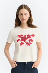 Thinking MU Zowie Red Garden Damen T-Shirt in Ecru aus Bio-Baumwolle mit rotem Blumen-Print – Youmee.market Schweiz