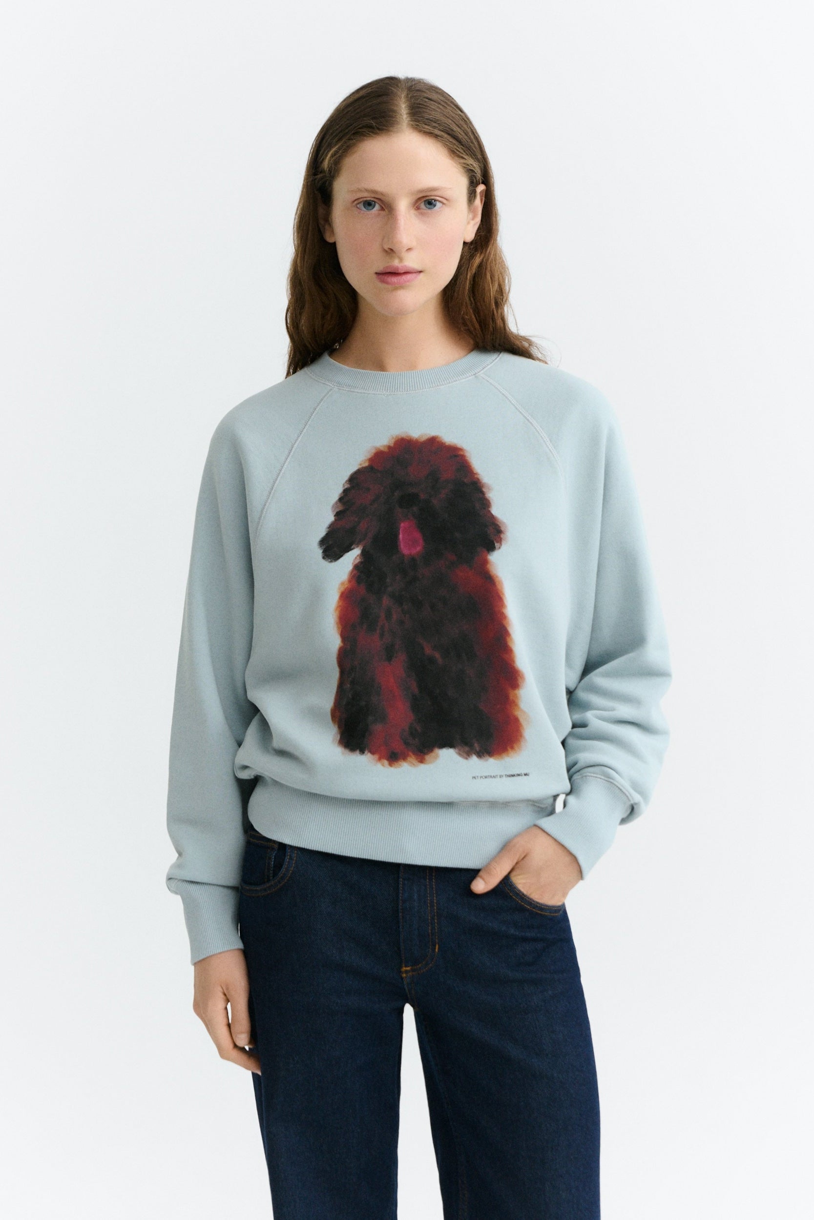 Thinking MU Bonnie Pet Portrait Damen Pullover in Hellblau aus Bio-Baumwolle mit Hunde-Print – Youmee.market Schweiz