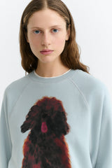 Thinking MU Bonnie hellblauer Damen Pullover mit grossem Hunde-Portrait auf der Vorderseite – Youmee.market Schweiz