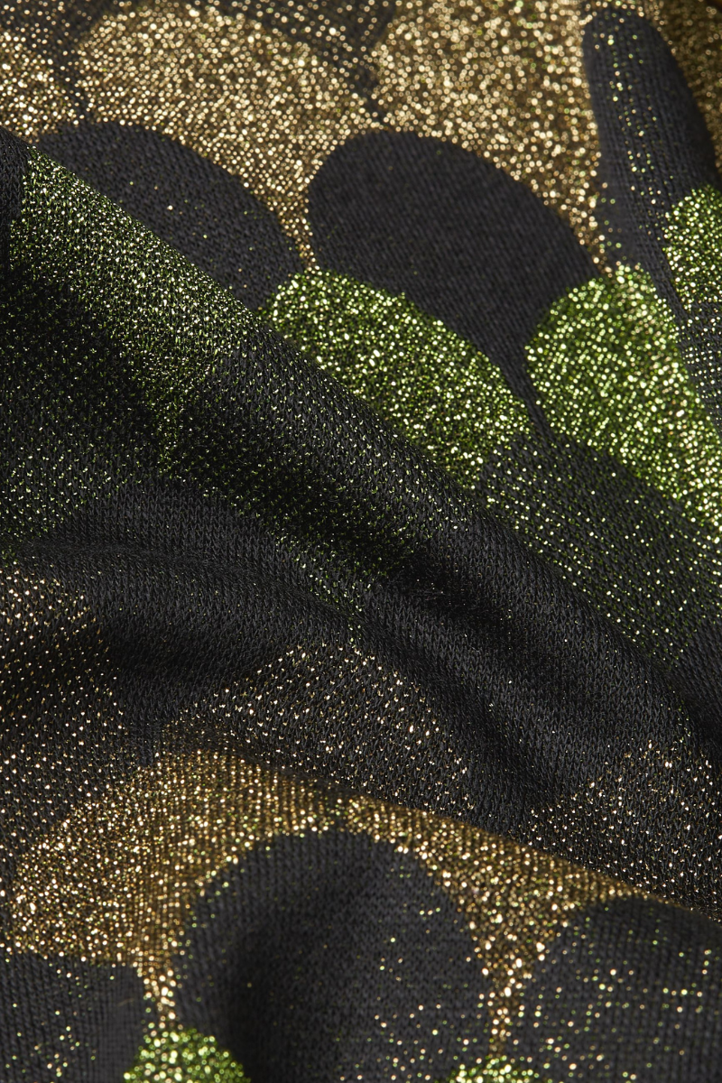 glitzernder Jacquard Stoff mit grünem Peacock Muster