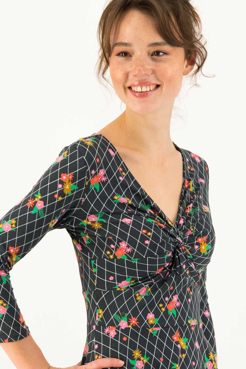 Midi-Kleid Hot Knot Robe 3/4arm mit Grid Of Flowers Muster von Blutsgeschwister Bild 2