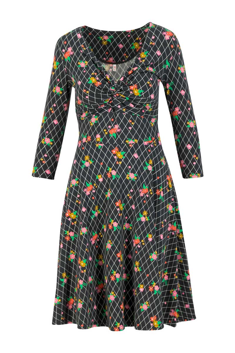 Midi-Kleid Hot Knot Robe 3/4arm mit Grid Of Flowers Muster von Blutsgeschwister Bild 5